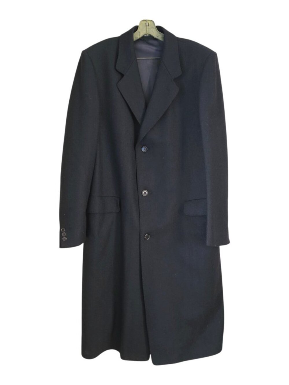 VTG Eaton Mens XL/XXL 44L Overcoat Made In England Wool Herringbone Bluish Black